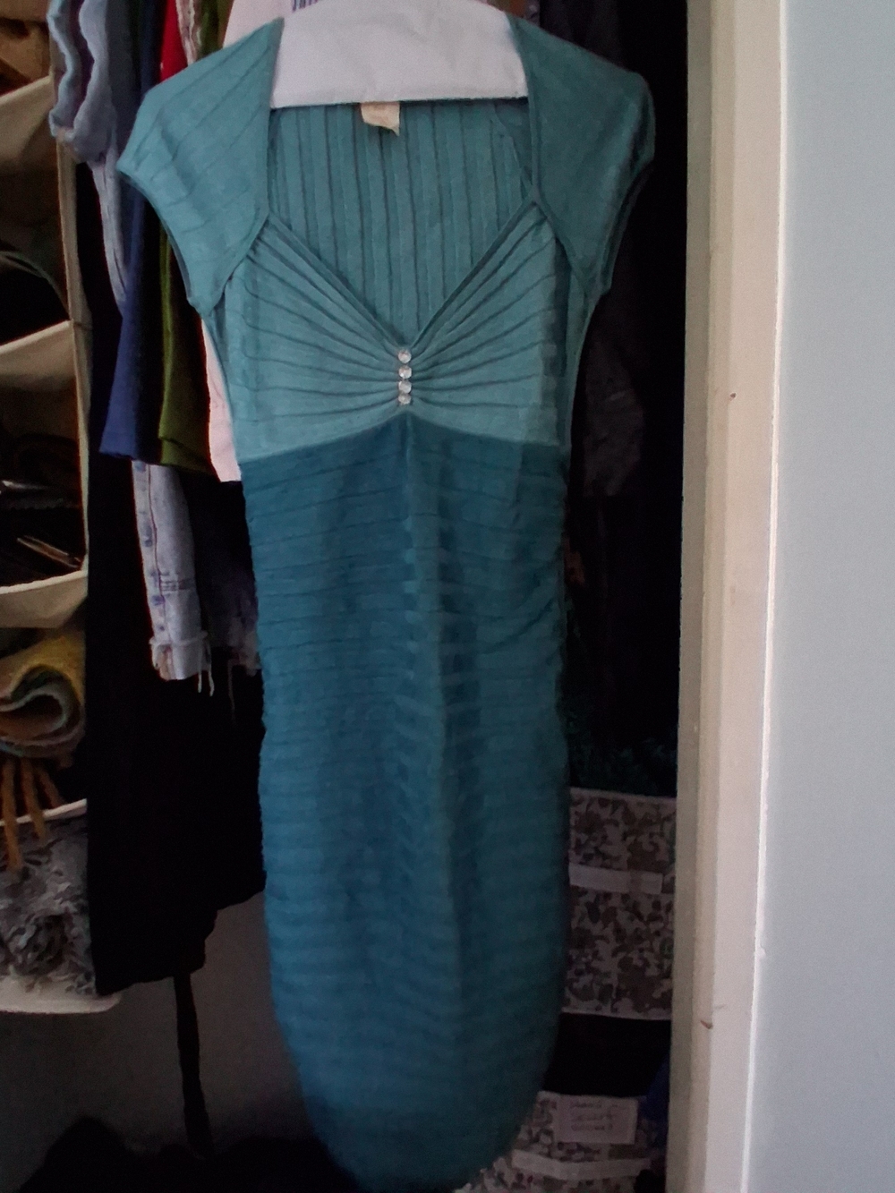 Mariciano Silk Teal Ribbed V-Neck Bodycon Dress S